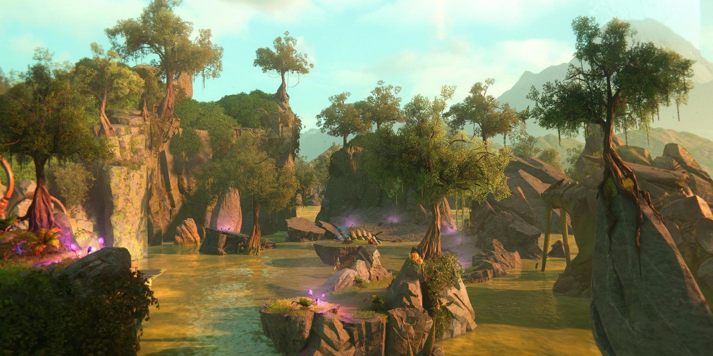 Swampy marshlands with dinosaurs roaming around in them on the planet Sargasso in Ratchet and Clank: Rift Apart