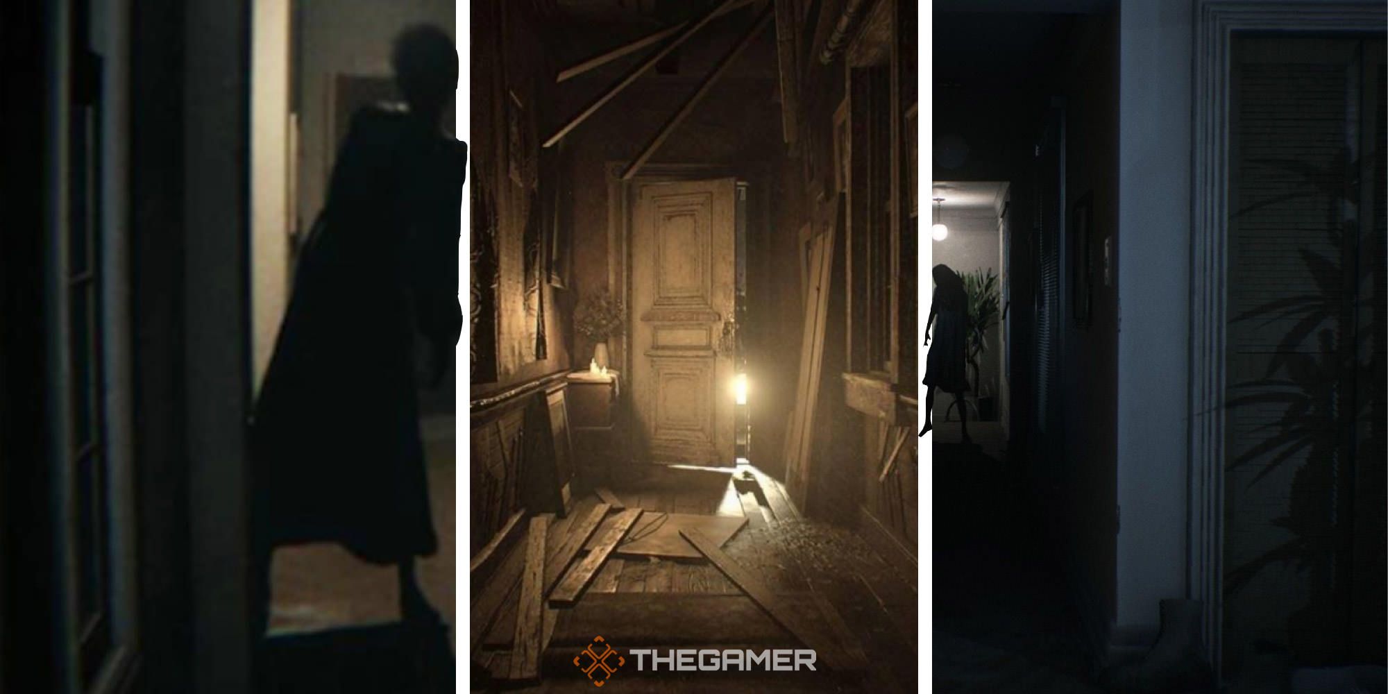 A collage showing three different hallways in video games.
