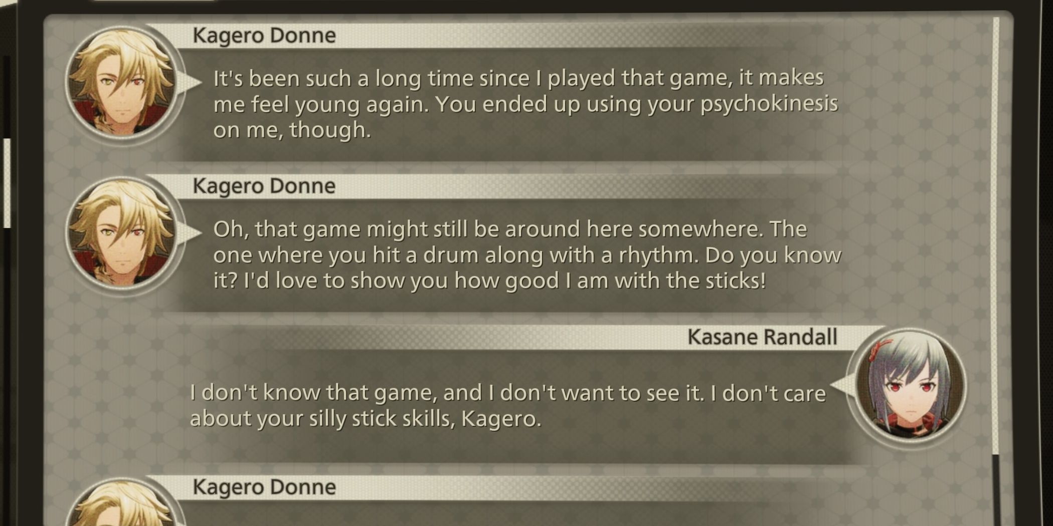 A text exchange between Kasane and Kagero via Brain Message in Scarlet Nexus