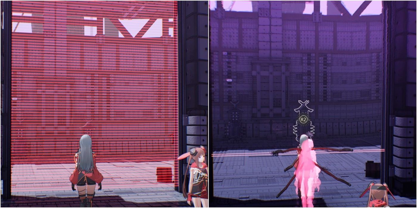 A laser gate blocking the door on the left and the Hypervelocity SAS slowing it down on the right, allowing the team to pass through it in Scarlet Nexus