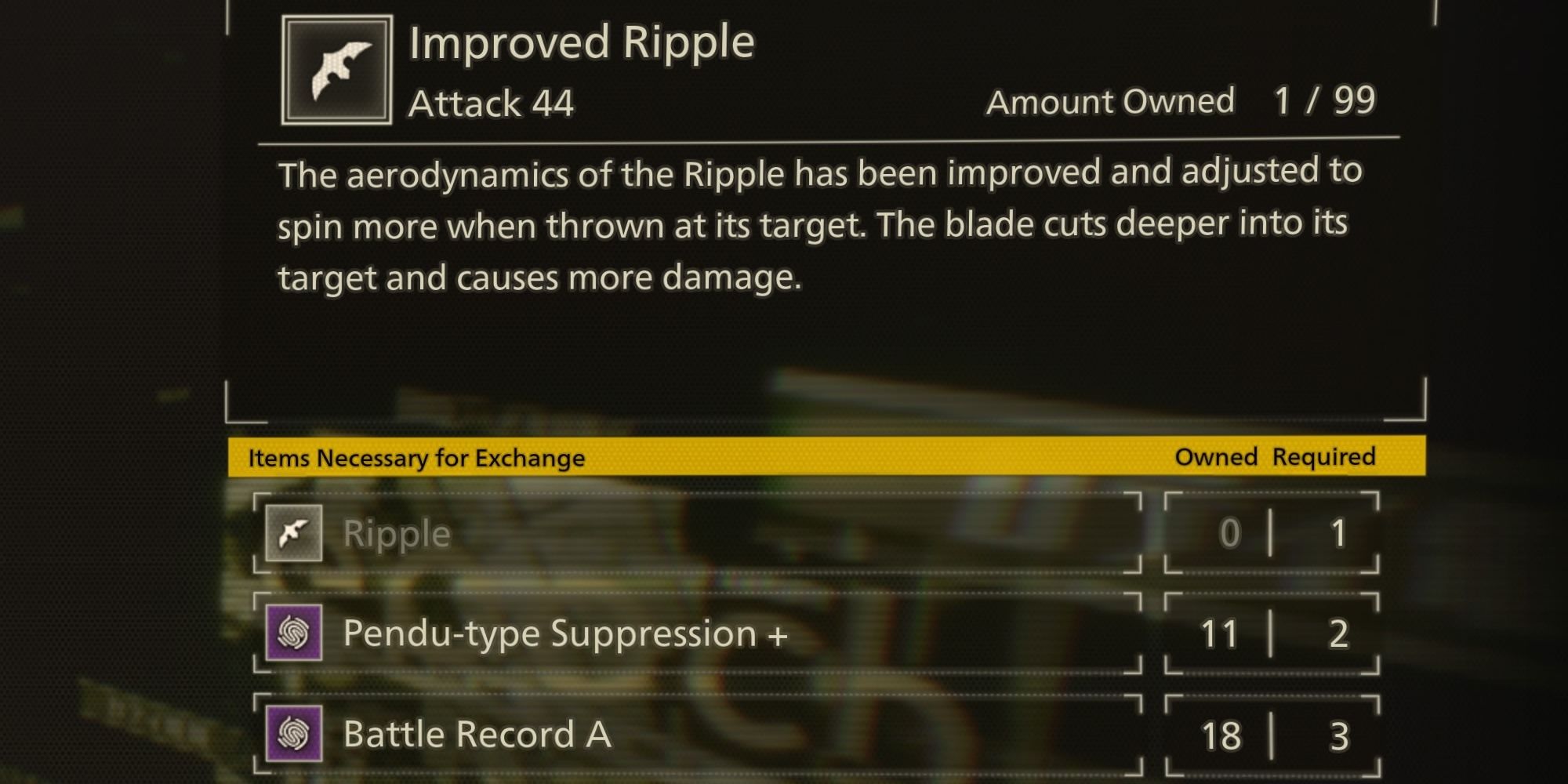 The exchange requirements for a weapon in Scarlet Nexus 