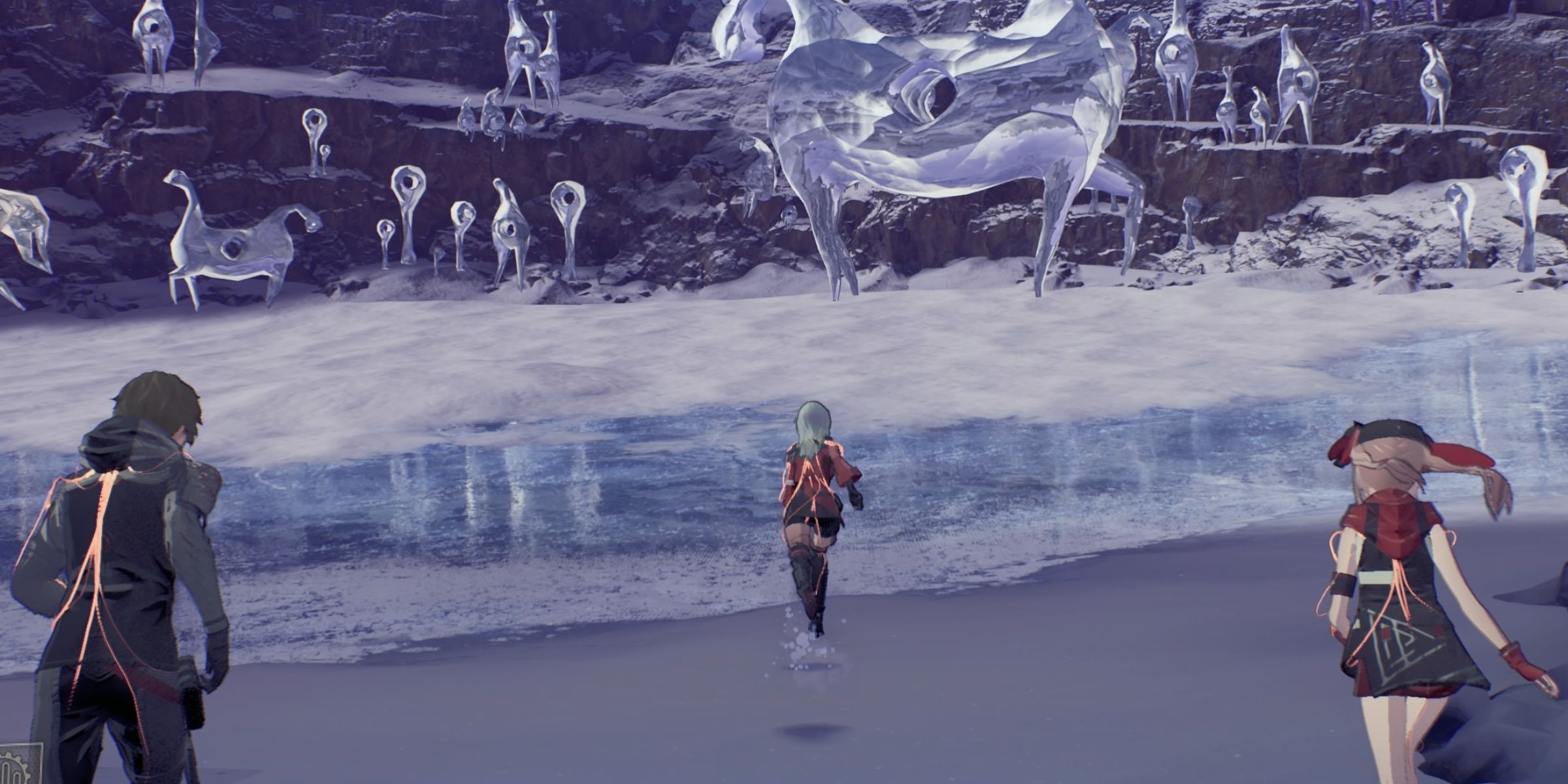 Kasane and team exploring the frozen wonderland in Scarlet Nexus