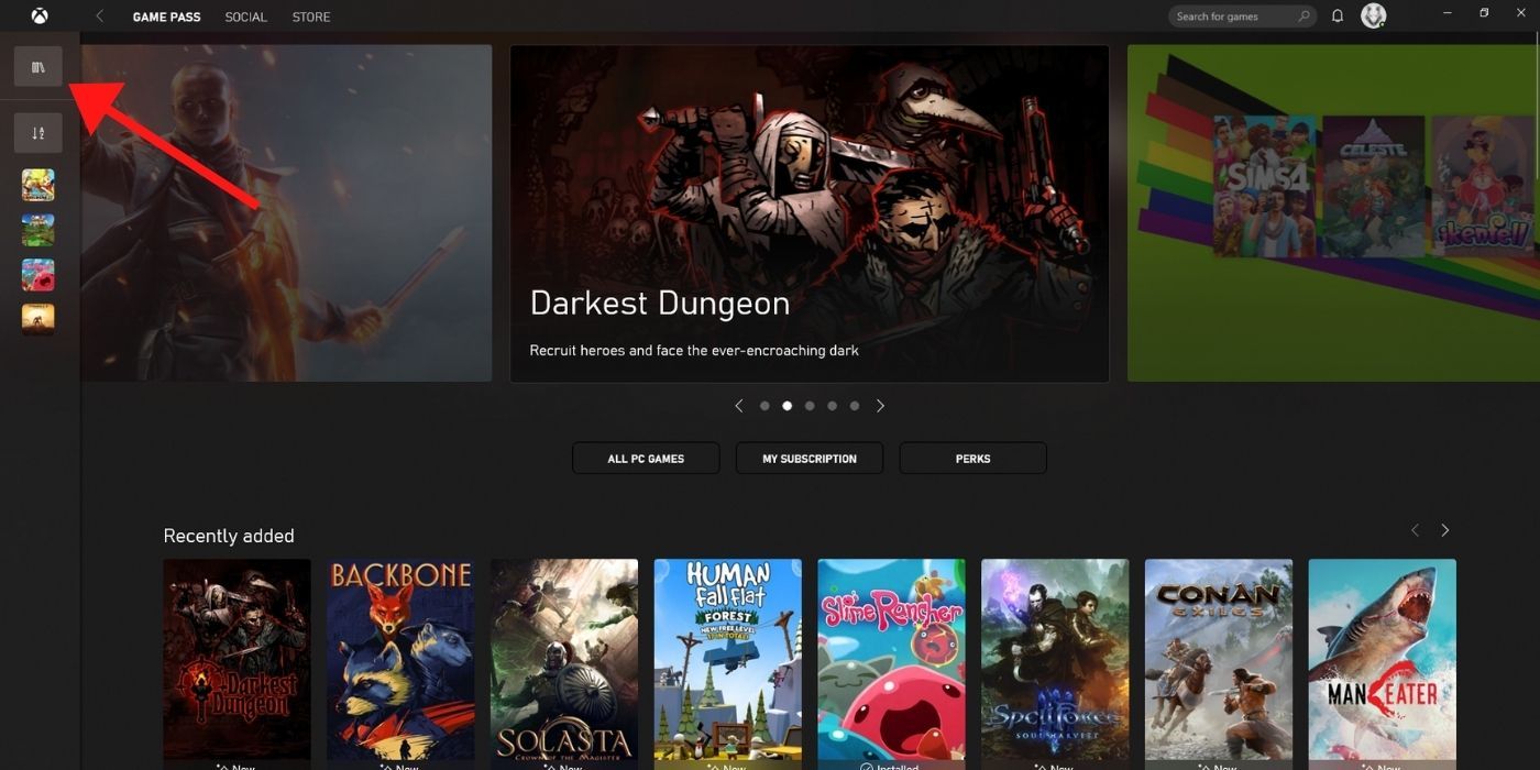 Screenshot of Xbox App home screen on PC with red arrow pointing to your library