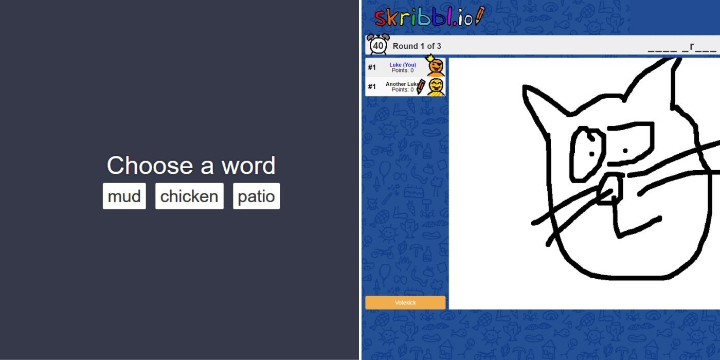 A player picking a prompt to draw and a player drawing a cat in Scribbl.io