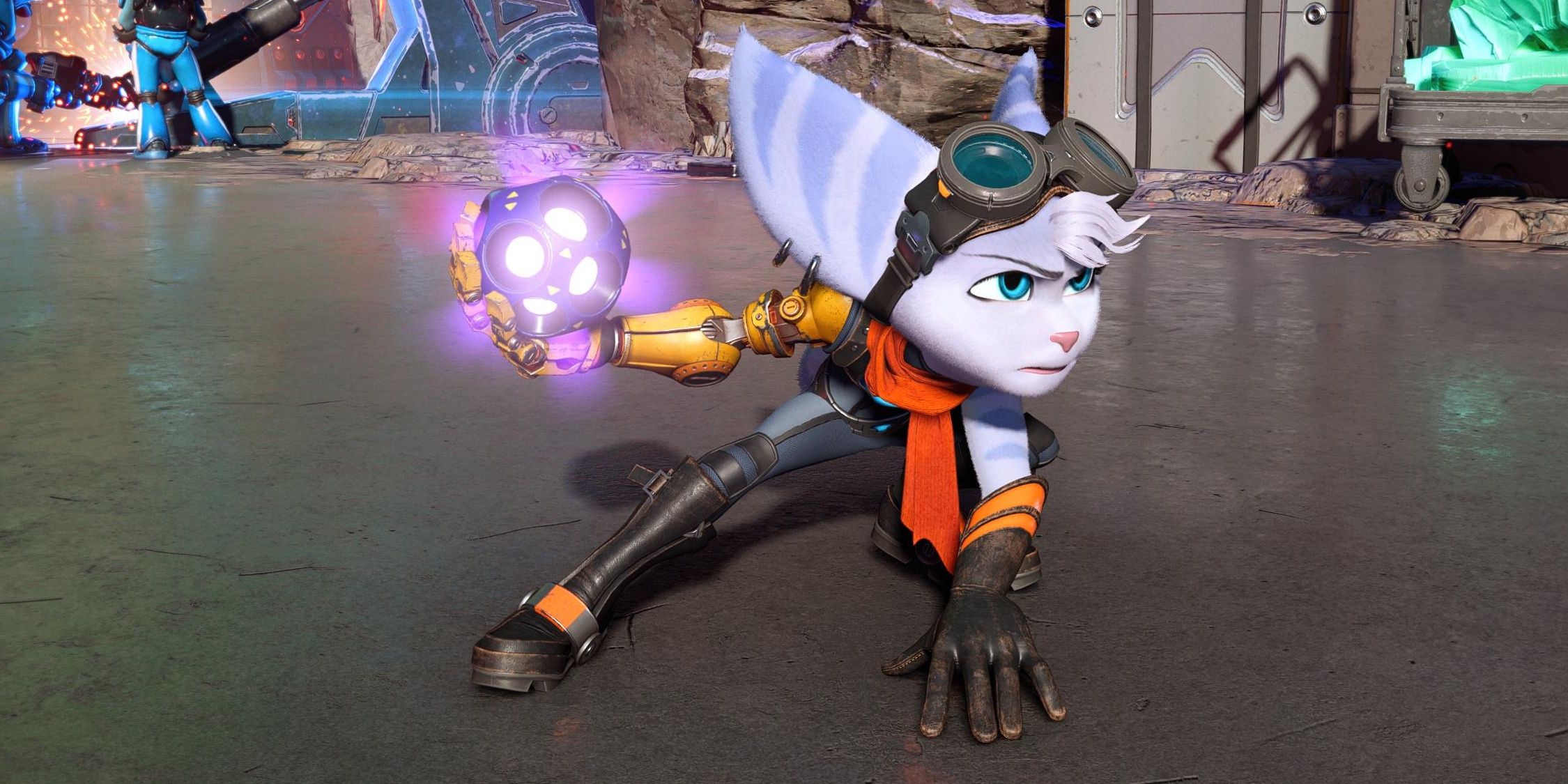 Rivet holding a Shatterbomb grenade in her hand while crouching in Ratchet and Clank: Rift Apart