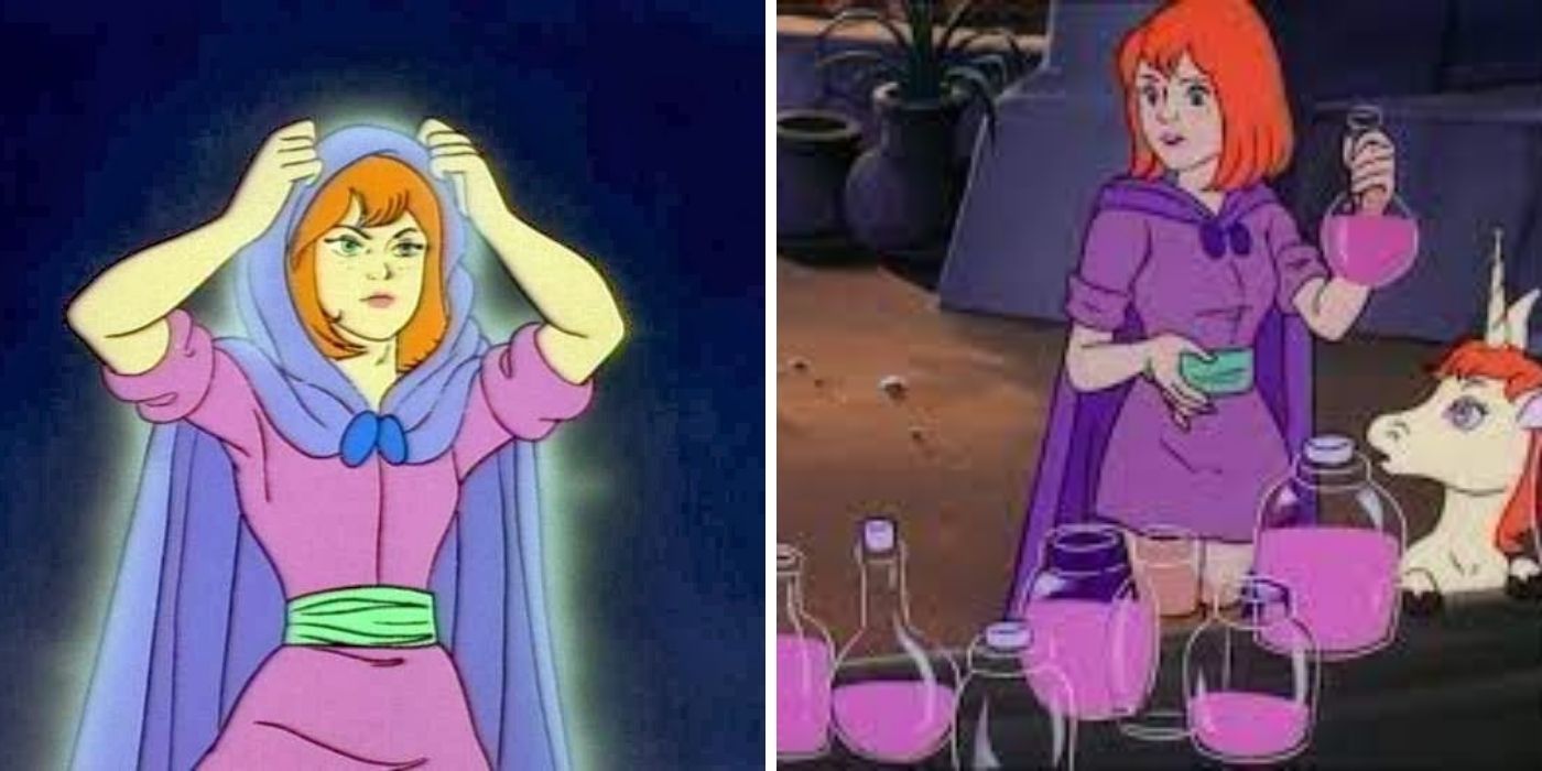 Shiela The Thief in Dungeons and Dragons Cartoon seen with cloak and mixing potions with Uni