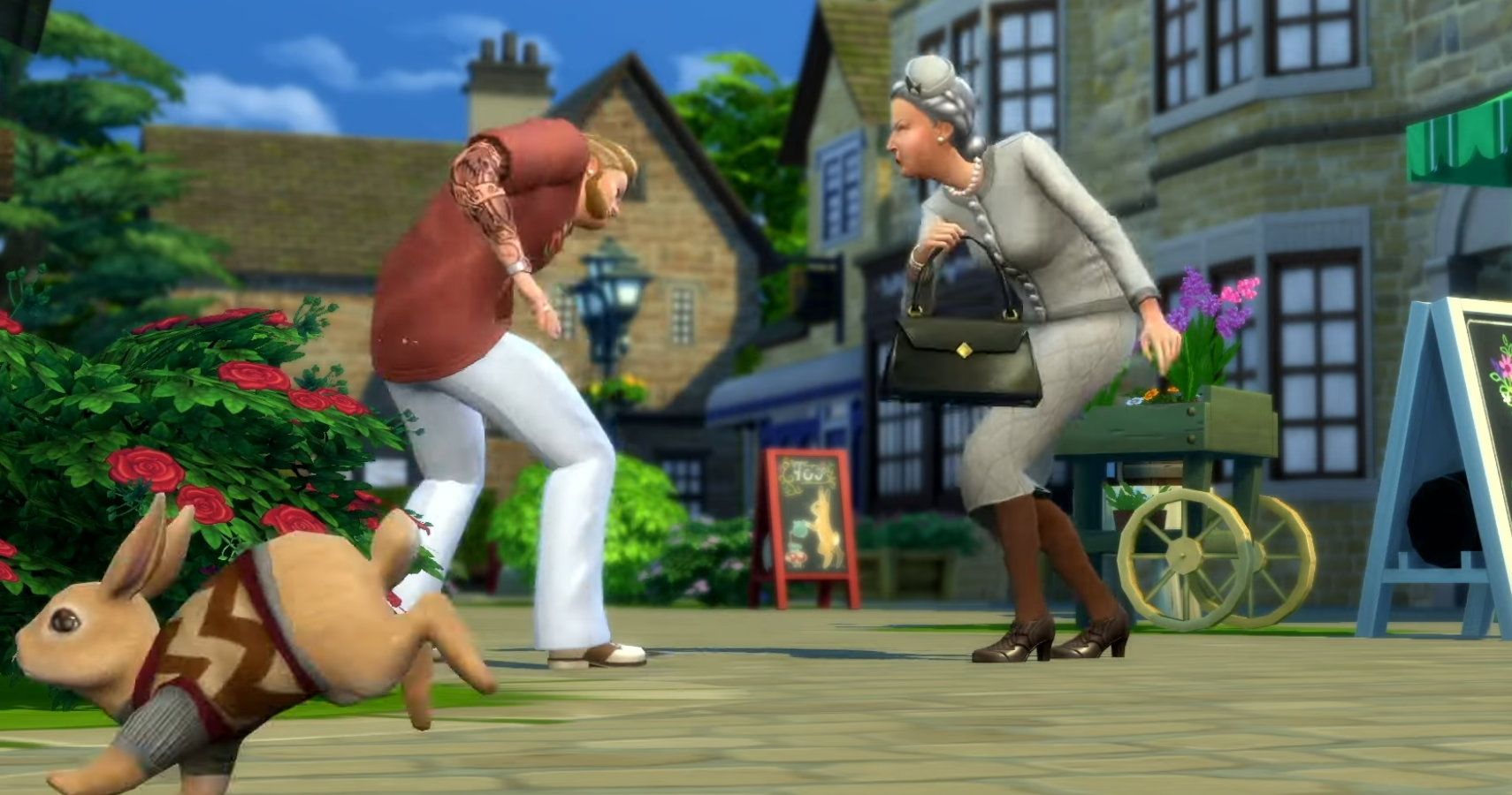 Agnes hitting a sim with her handbag
