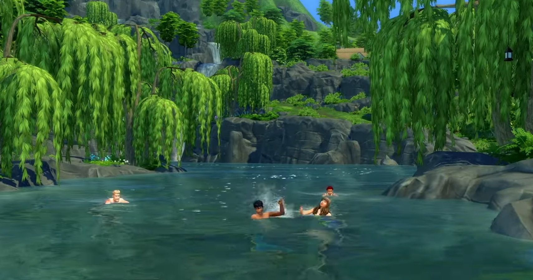 Sims swimming in the village