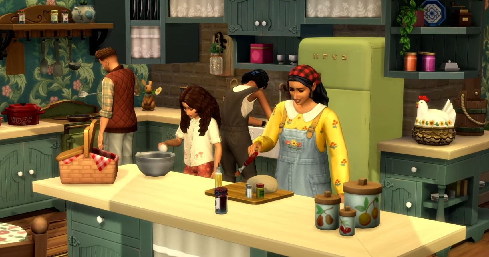 A Sims family in the kitchen