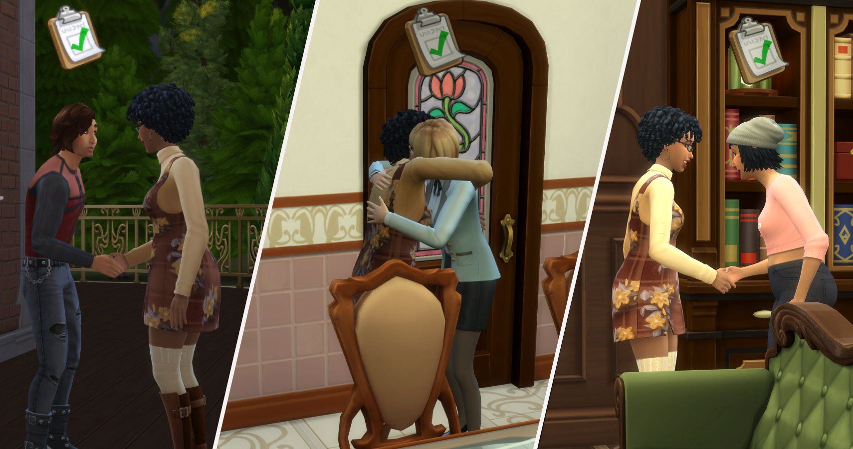 split image of 3 charm family members hugging a sim or shaking their hand.