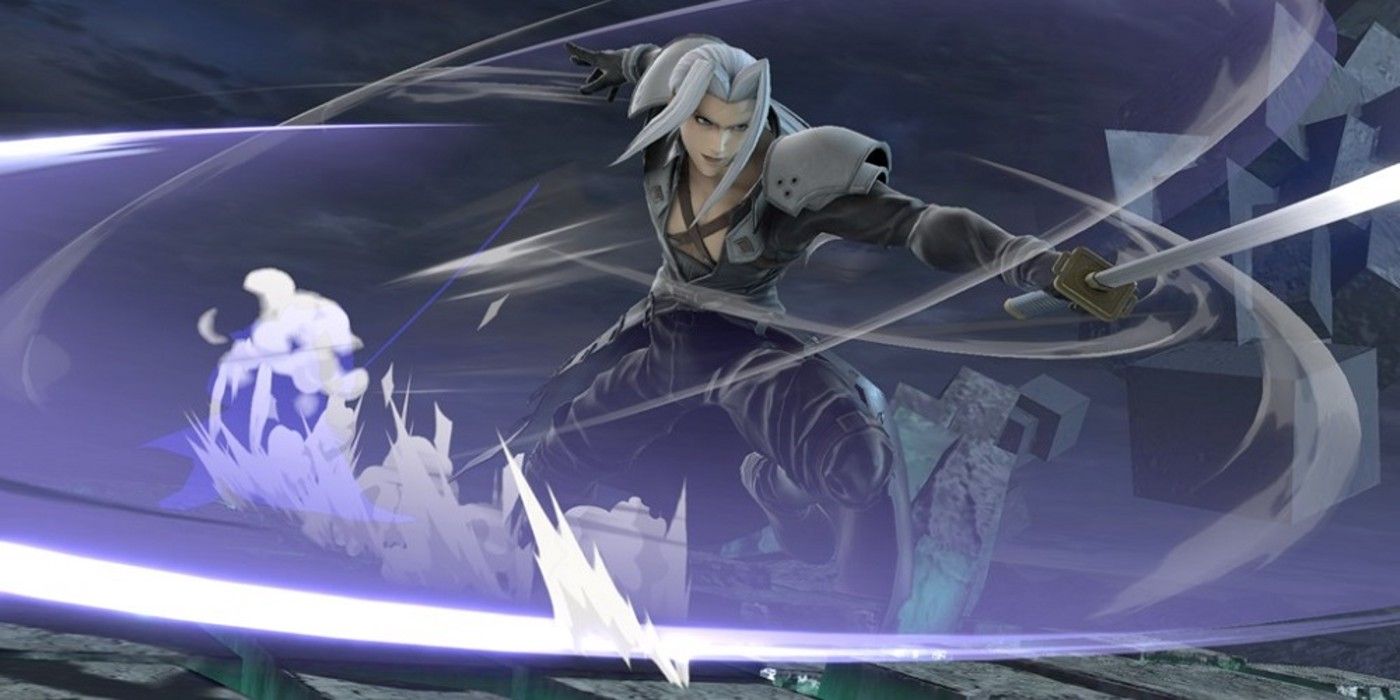 Smash Bros Ultimate Sephiroth slashing up close in dark environment