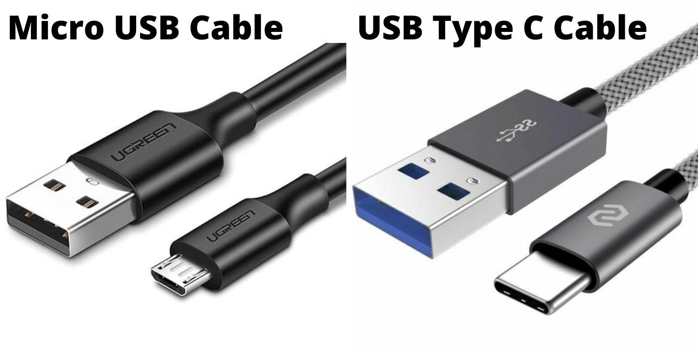 Split Image of a Micro USB Cable on left, USB type C Cable on right