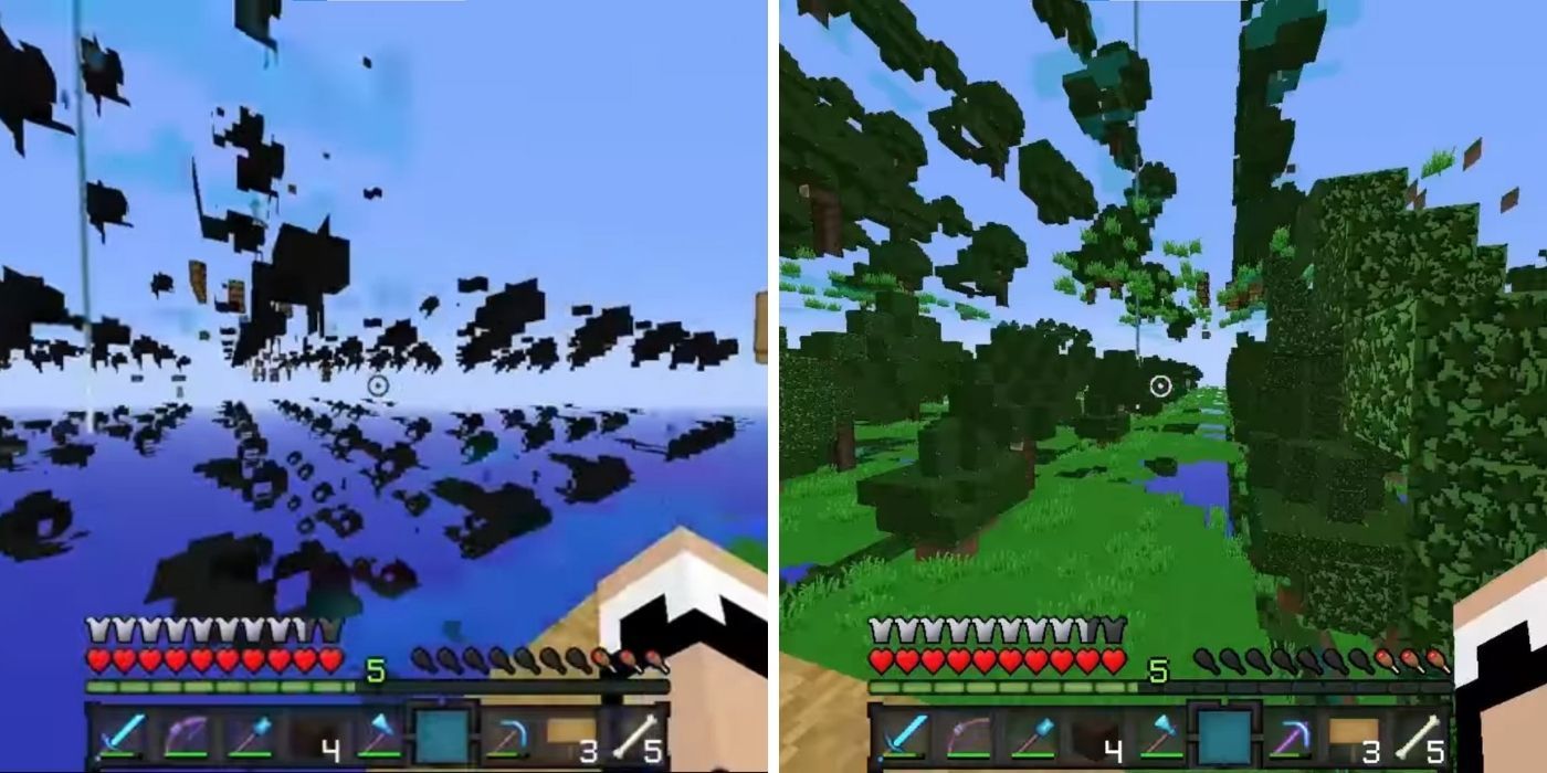 Split image of Minecraft - Chunk loading glitch screenshots from Minecraft player