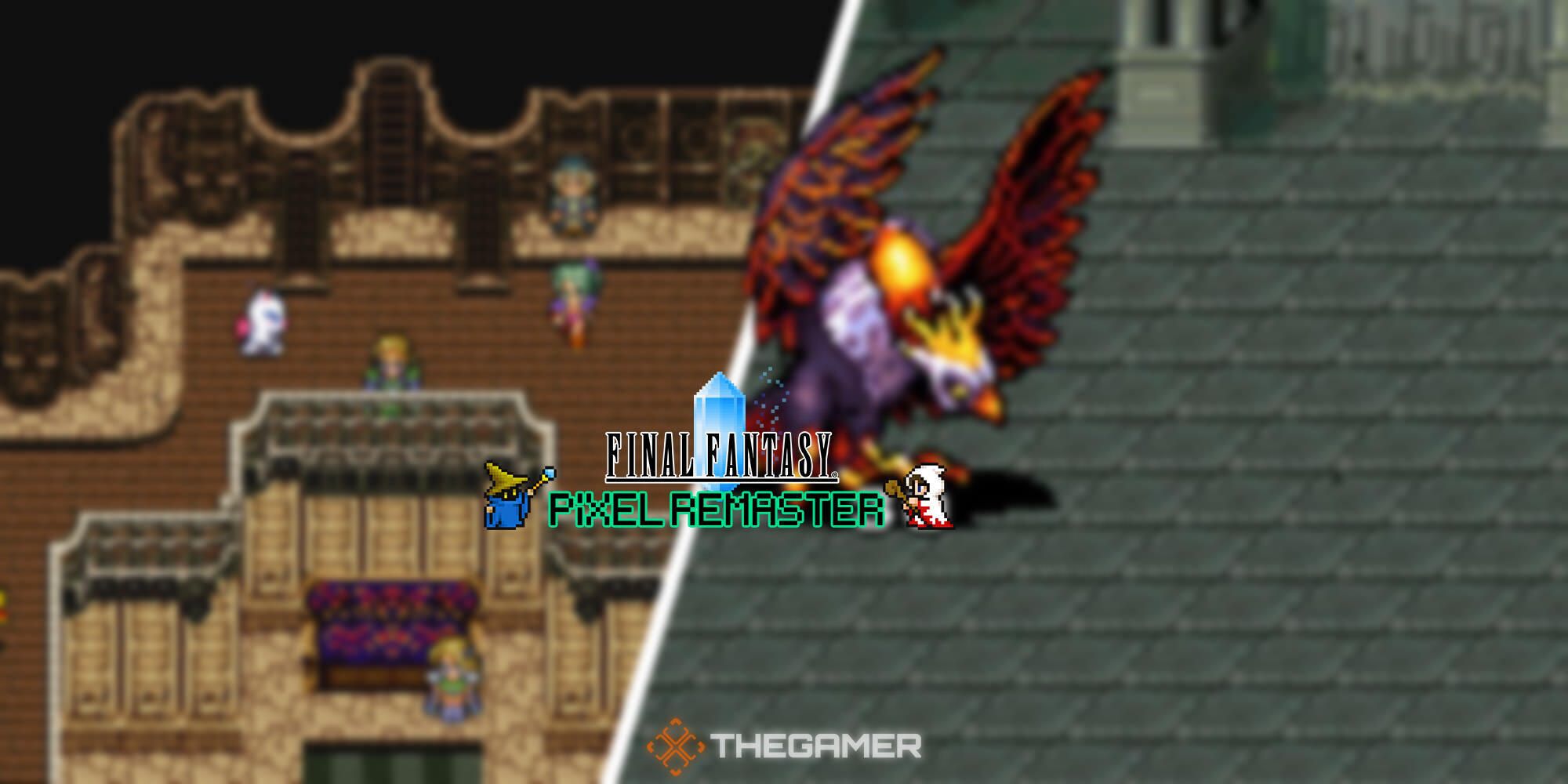Final Fantasy 6 Pixel Remaster, two pictures, hub area for left picture, and big bird fight for right picture