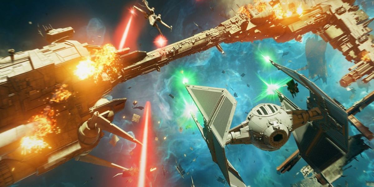 Star Wars Squadrons Third Person View Of Fighters Battling Over A Frigate