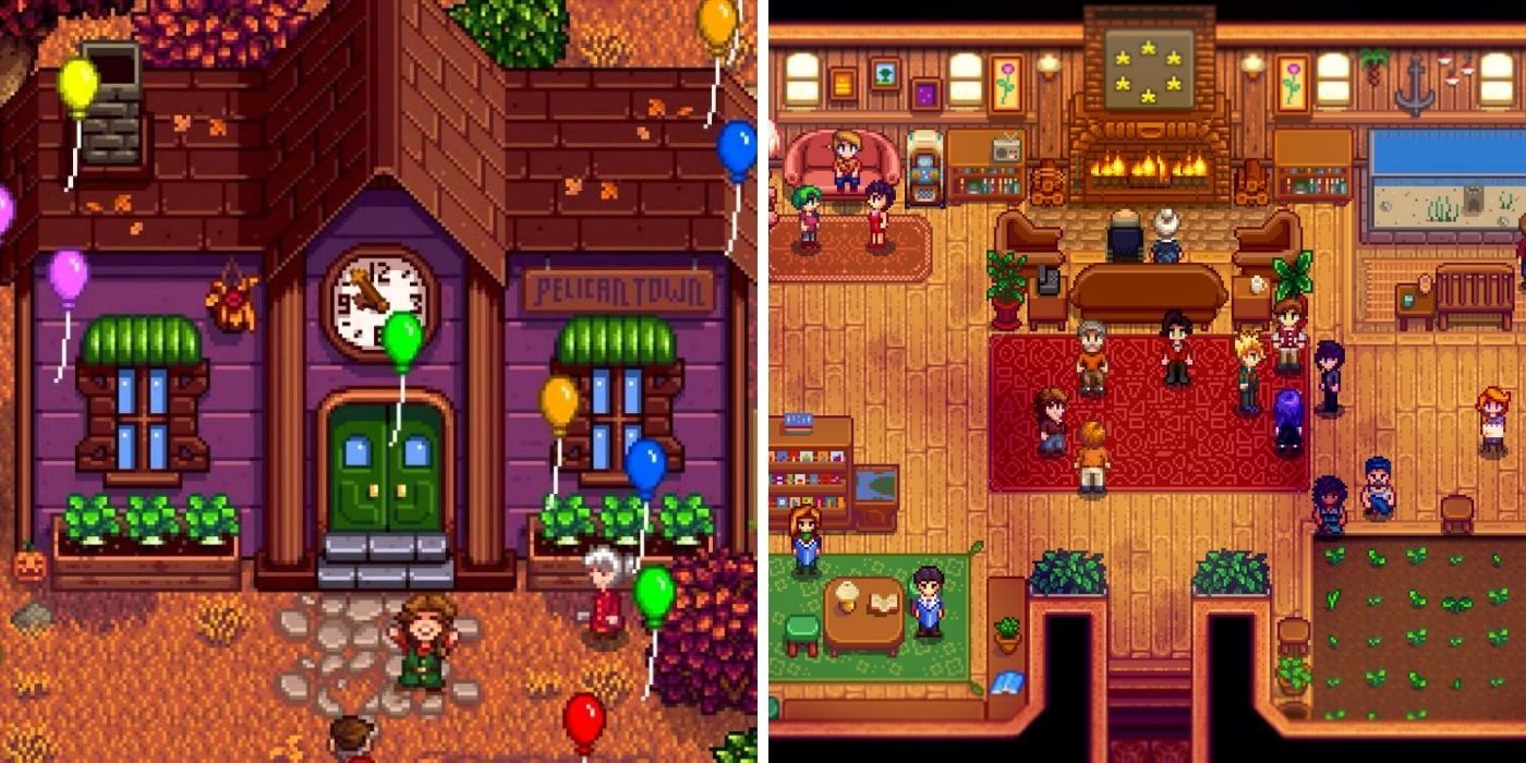 Stardew Valley Community Centre (outside completed on left, inside completed on right)
