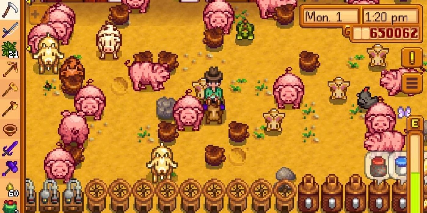 Stardew Valley Animals - Player on their horse standing in the centre of a field full of various animals.