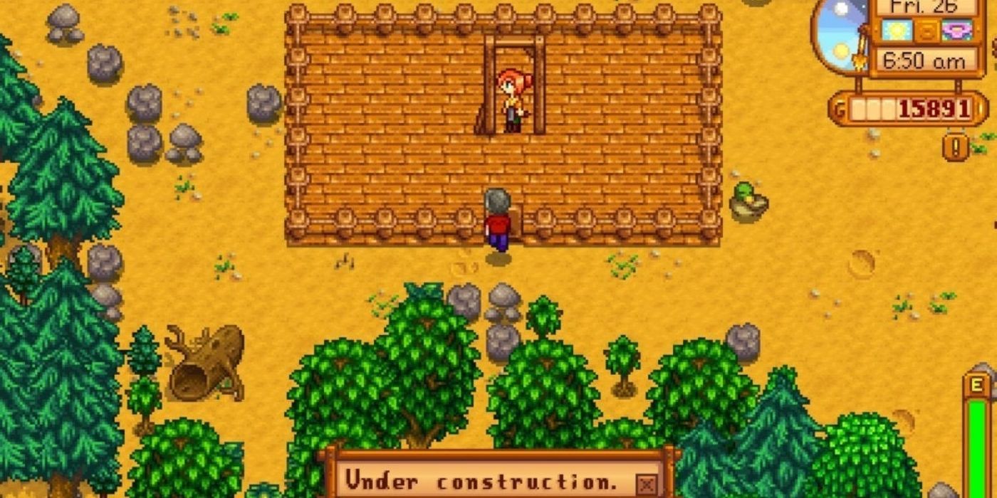 Stardew Valley Farm Construction - Robin working on a building on the player's farm, the player reading the sign that says Under Construction