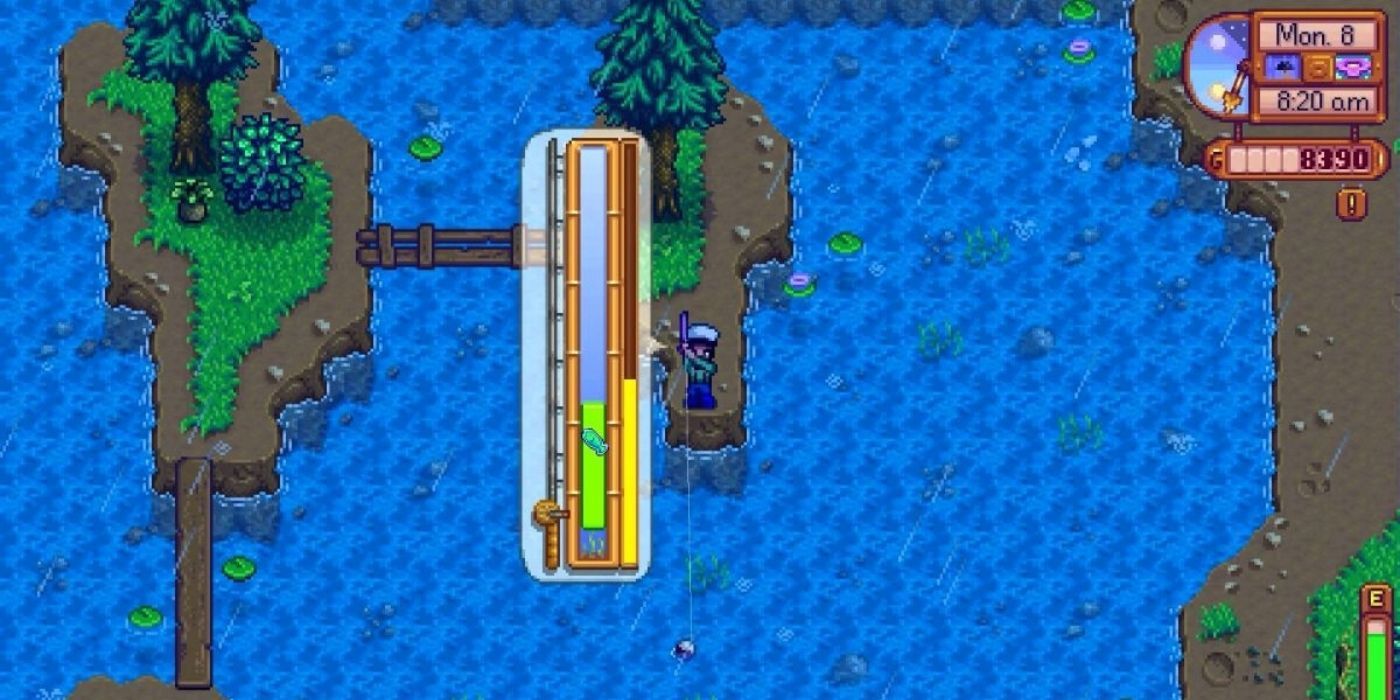 Stardew Valley Mountain Lake - Player in the middle of catching a fish from the mountain lake early in the morning with rain