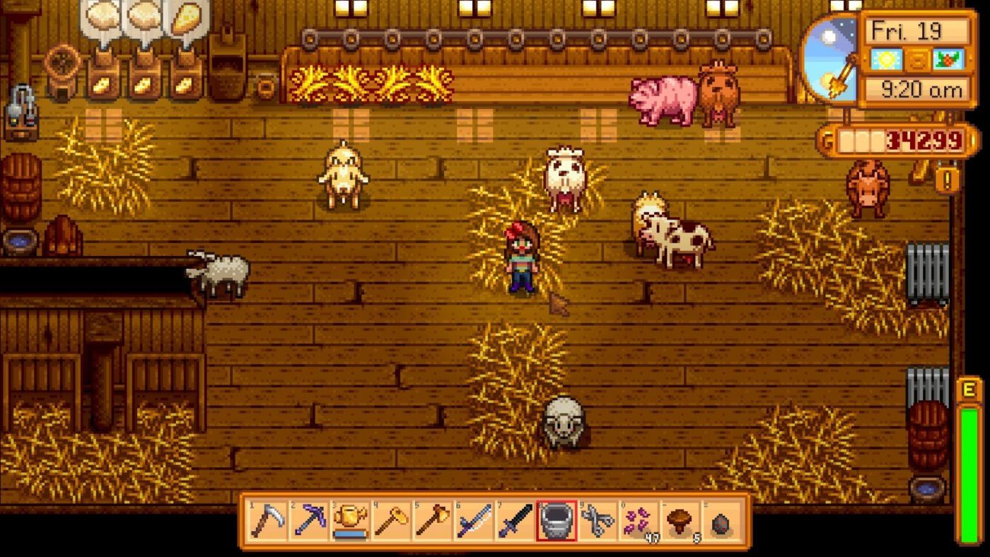 Player in Stardew Valley barn, surrounded by farm animals