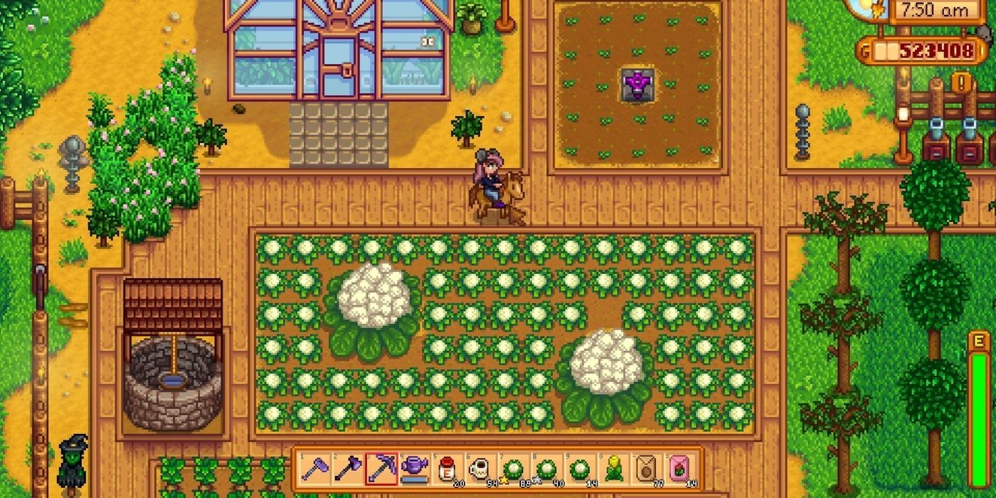 Stardew Valley Spring Crops - Player Riding Past a Cauliflower Field on a Horse