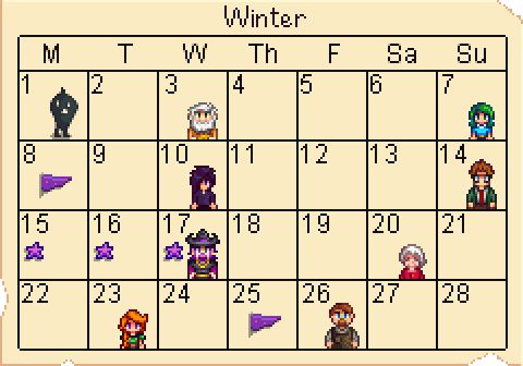 Winter calendar from Stardew Valley