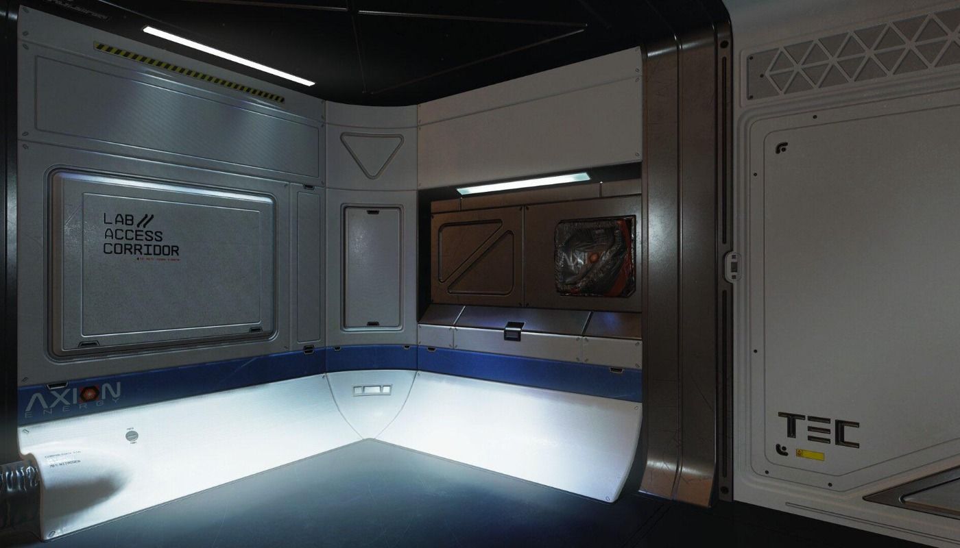 Starfield spaceship interior room with airlock access