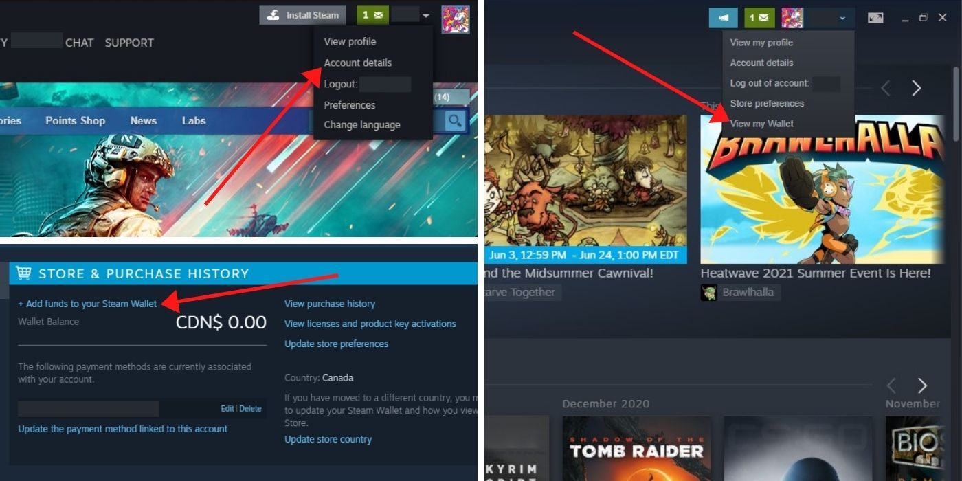 Steam - Split Image showing how to find your Steam Wallet on the app (left) and the website (right)
