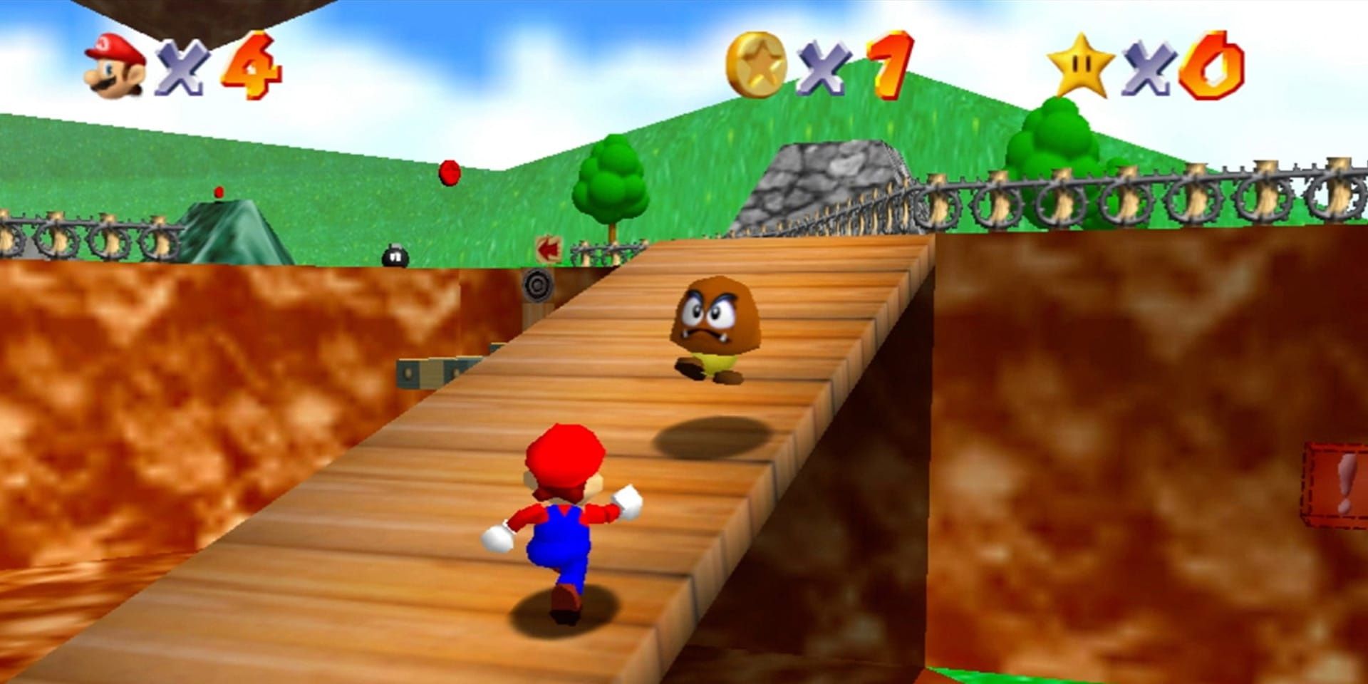 Mario fighting a Goomba at Bob-omb Battlefield in Super Mario 64