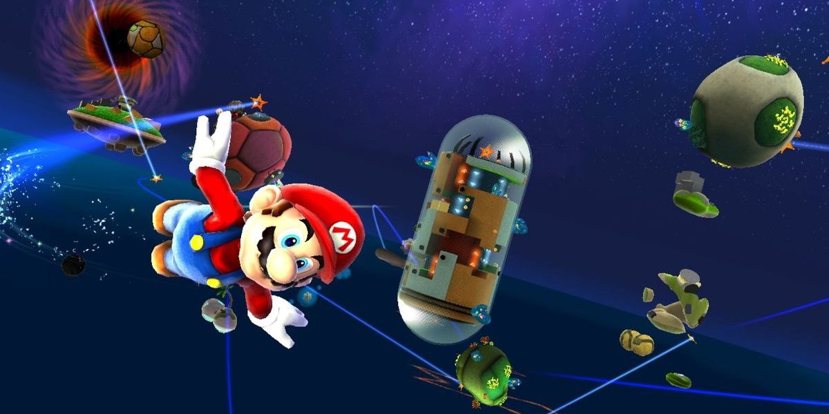 Mario flying through one of the first galaxies in Super Mario Galaxy