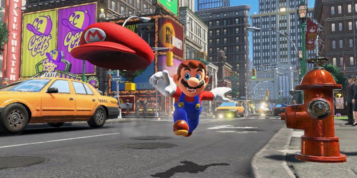 Mario throwing his cap on the streets of New Donk City in Super Mario Odyssey