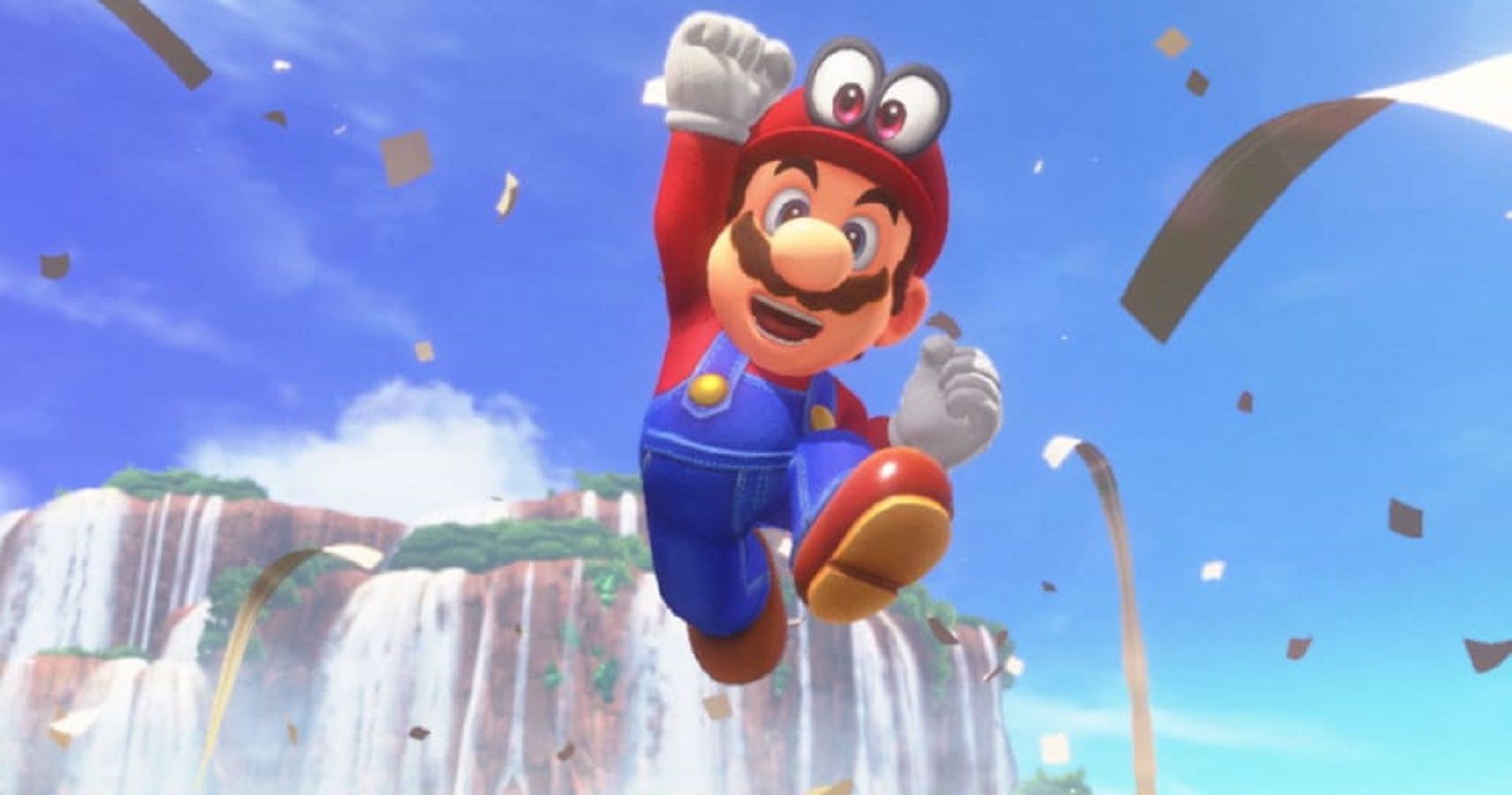 Mario and Cappy jumping triumphantly in Super Mario Odyssey