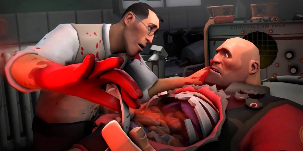 The Medic playing with the Heavy's ribs in Meet the Medic