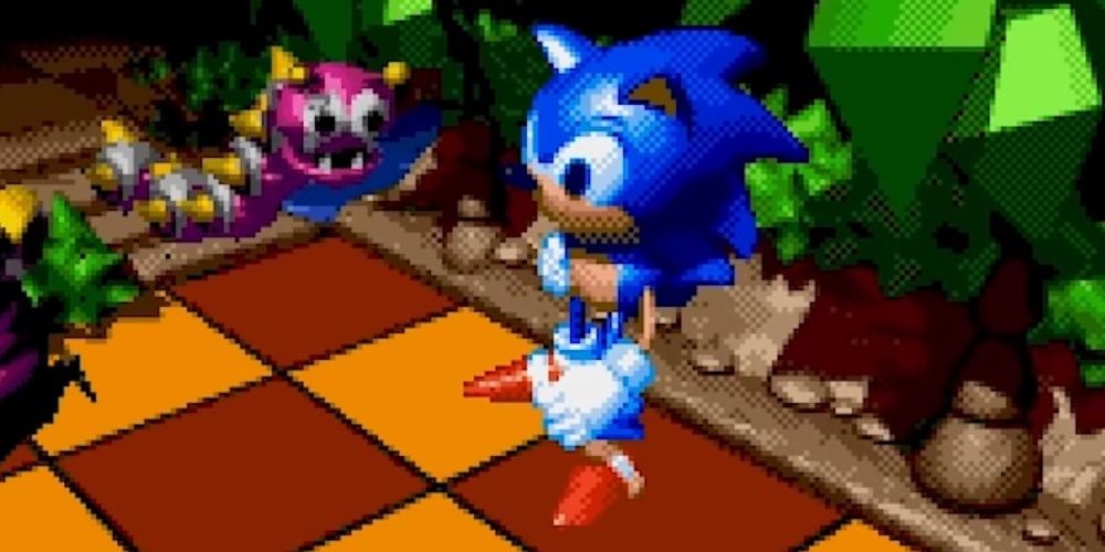 Sonic standing on a squared floor near a robotic bug.