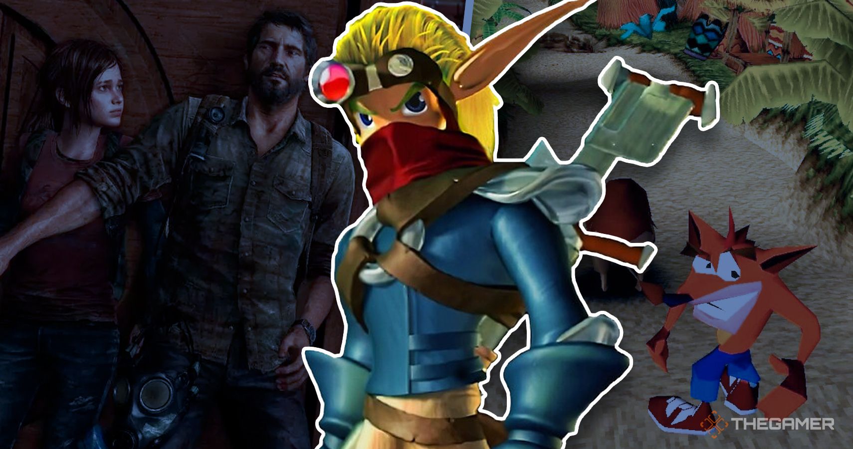 jak between images of the last of us and crash bandicoot, bridging the divide