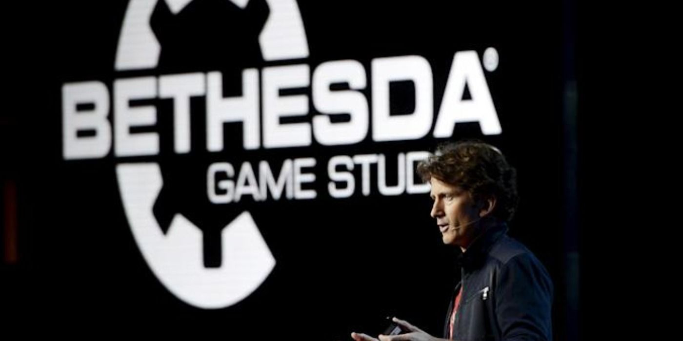 Todd Howard in front of a Bethesda Game Studio Logo