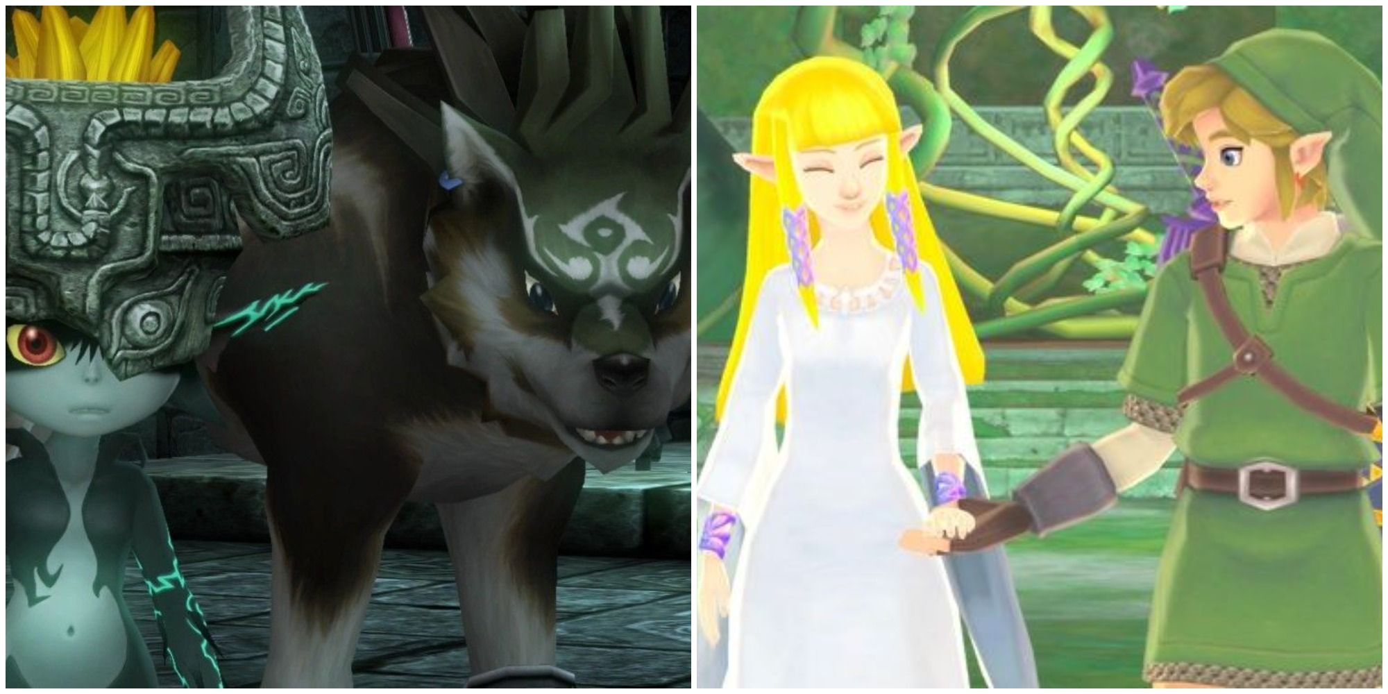 Twilight Princess vs Skyward Sword split image - on the left, midna in her imp form with wolf link, on the right, zelda and link in skyward sword 