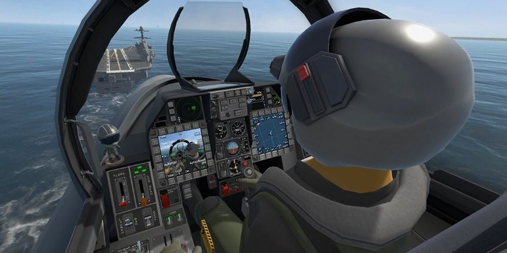 VTOL VR Pilot Landing Jet Aircraft Carrier At Sea