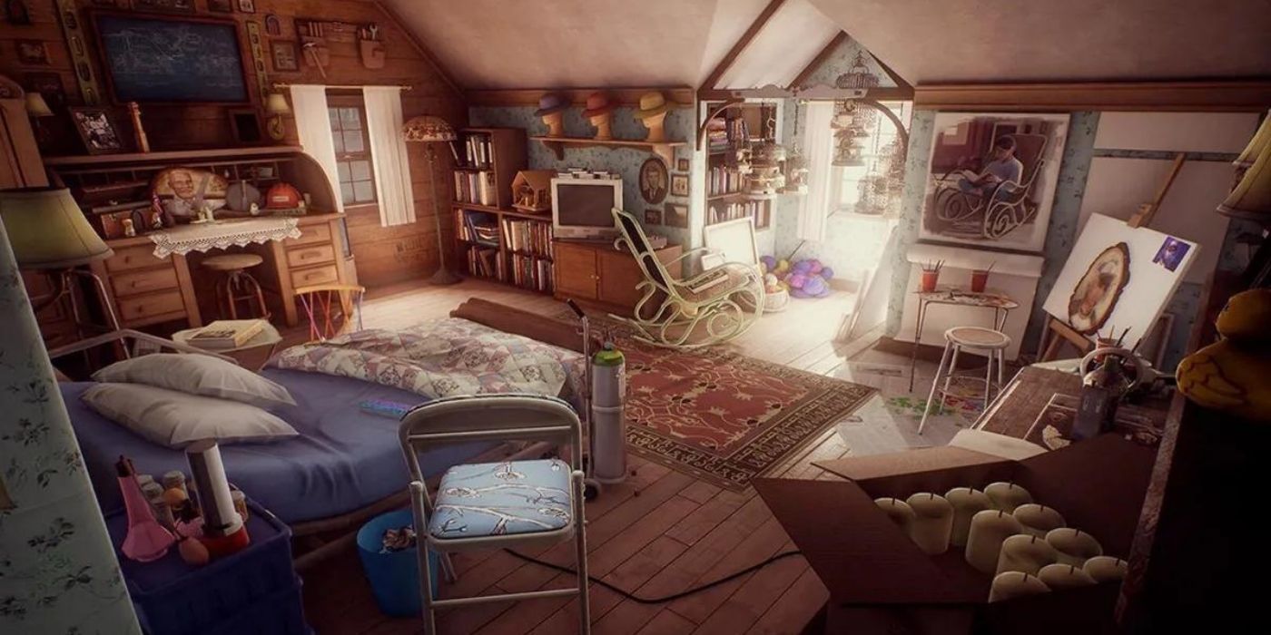 What Remains Of Edith Finch - Bedroom of an elderly woman, full of quilts, yarn, candles, art supplies, lace, etc.