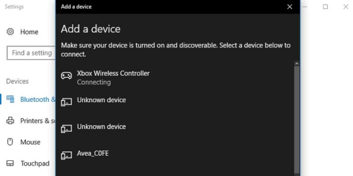 Windows 10 - Bluetooth Menu with Xbox Wireless Controller in the middle of connecting