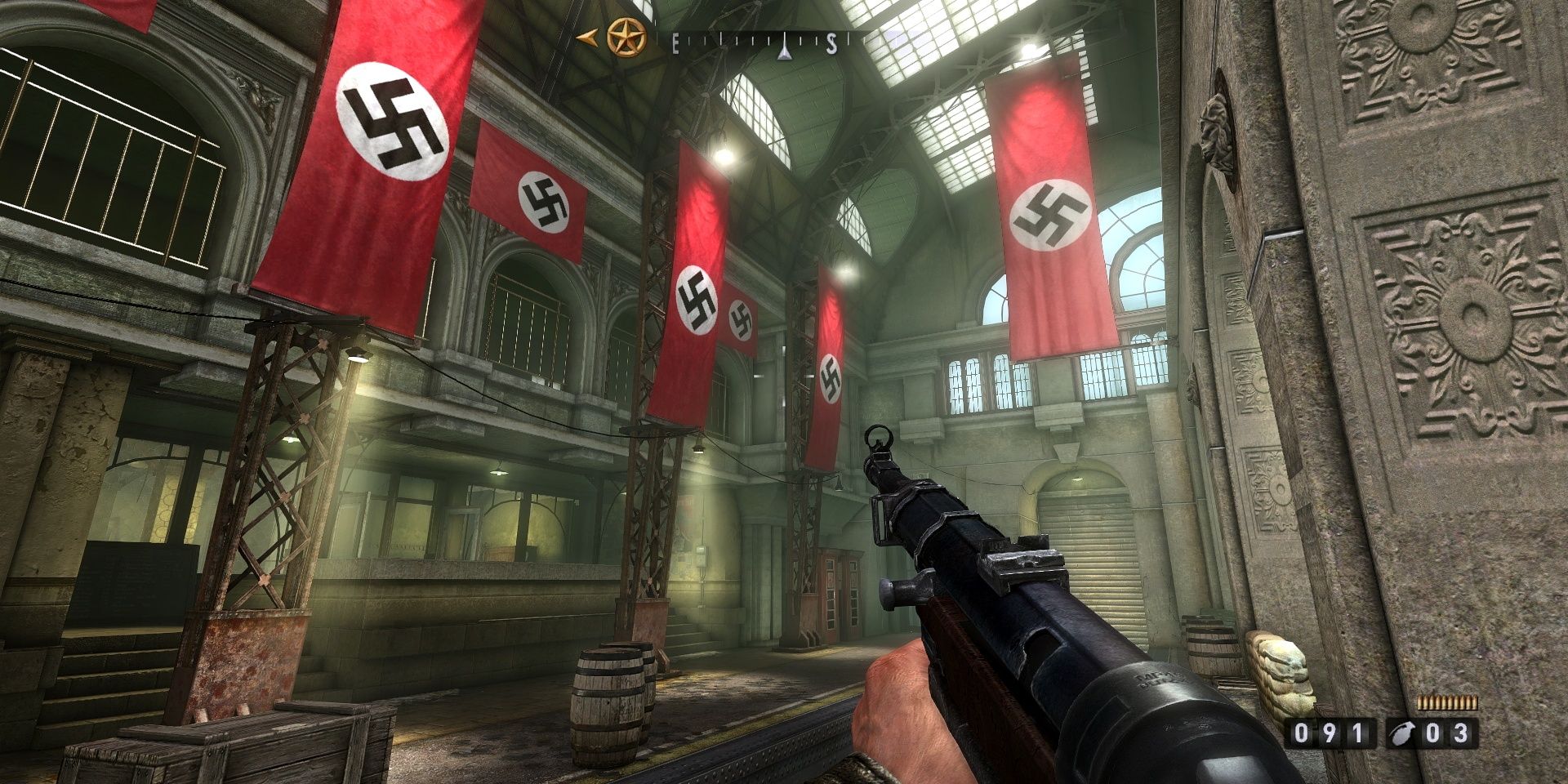 Looking at multiple Nazi flags while holding an mp40
