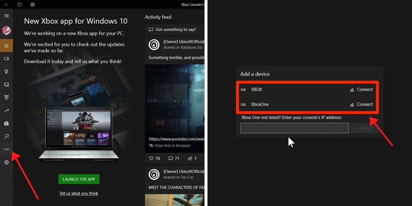 box Console Companion App with red arrows pointing to how to connect your Xbox