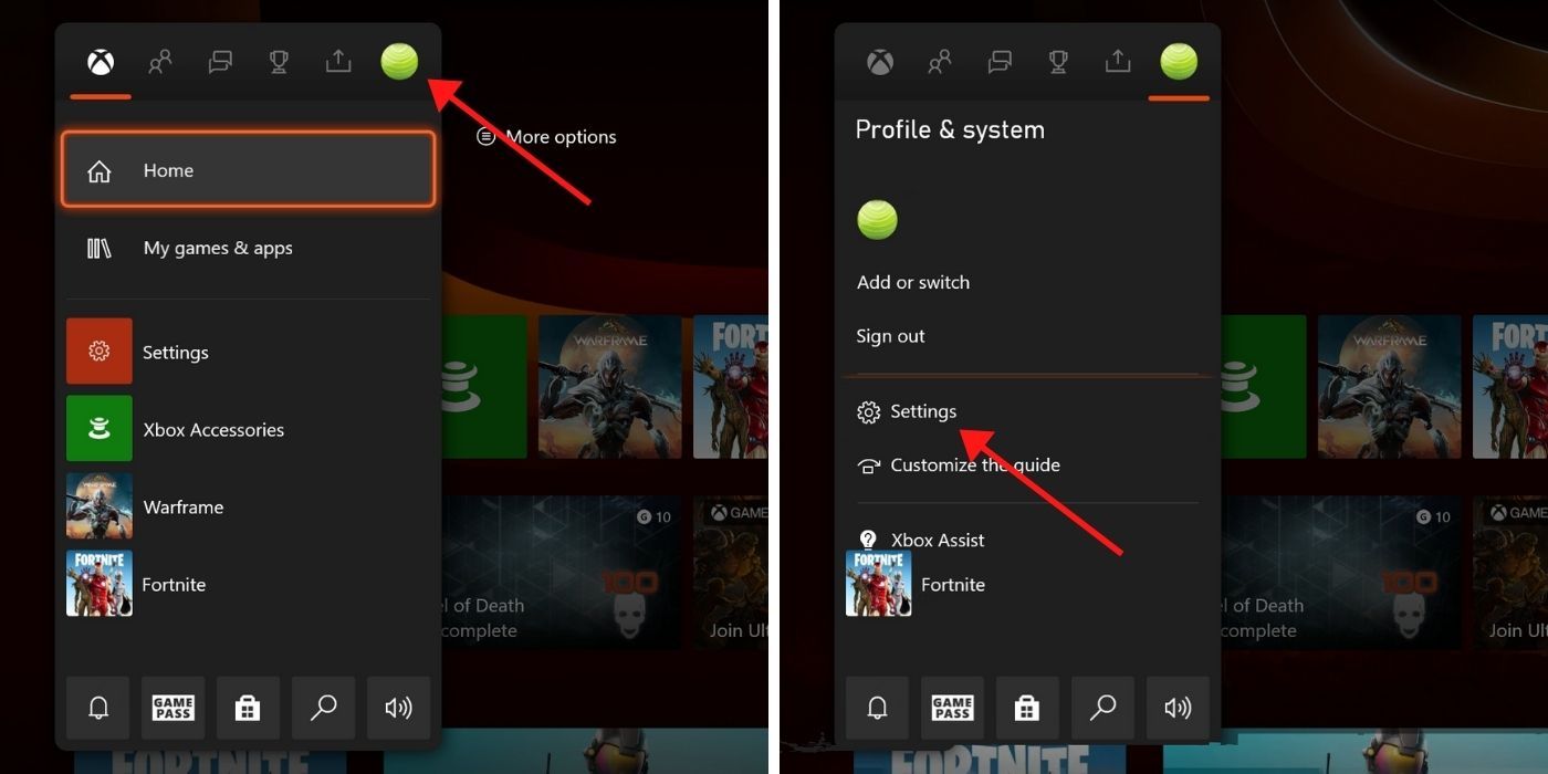 Xbox One Home Screen with arrows directing viewer how to reach the menu