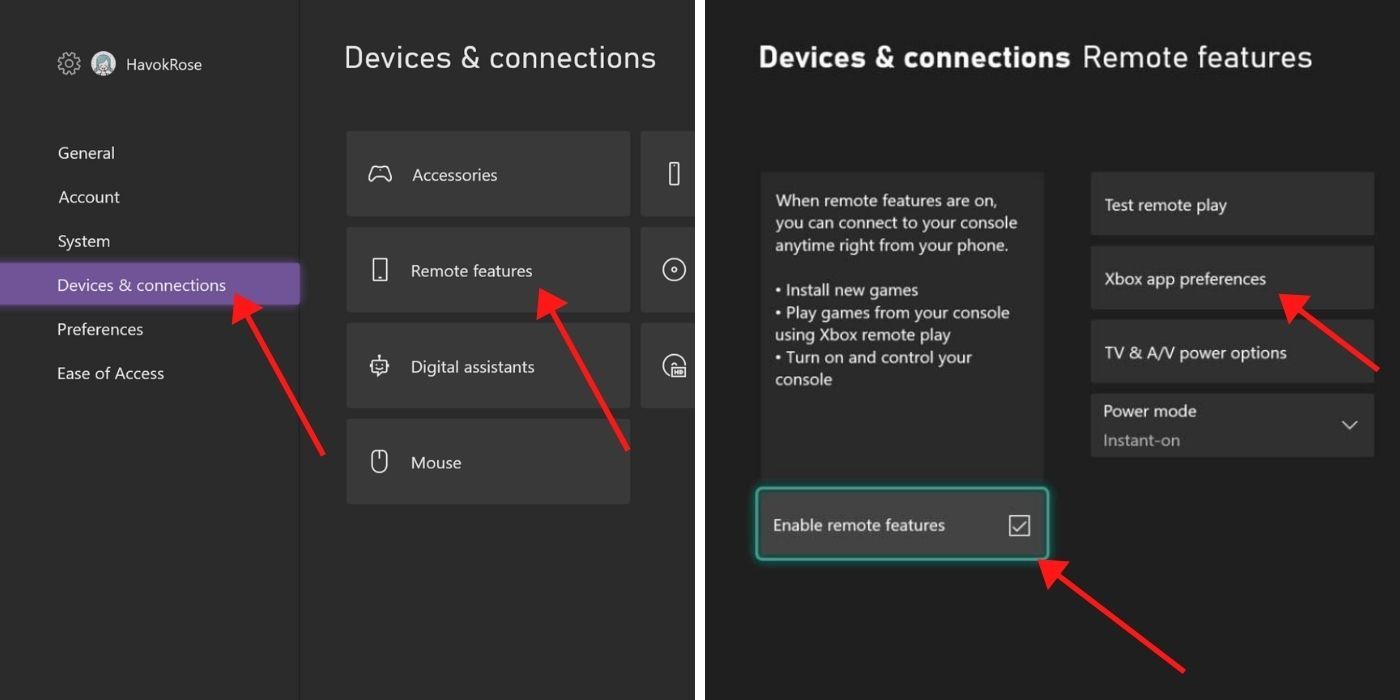 Xbox One Home settings menus with arrows directing viewer how to reach the devices and connections, remote features menu