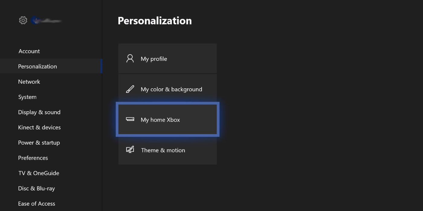 The my home Xbox option in the Xbox console settings