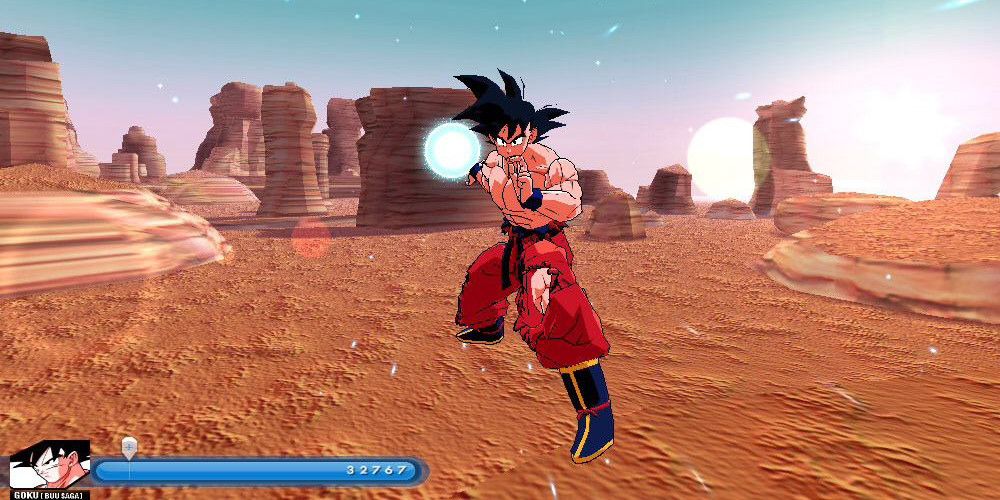 A screenshot of Goku creating a Ki ball on his right arm.