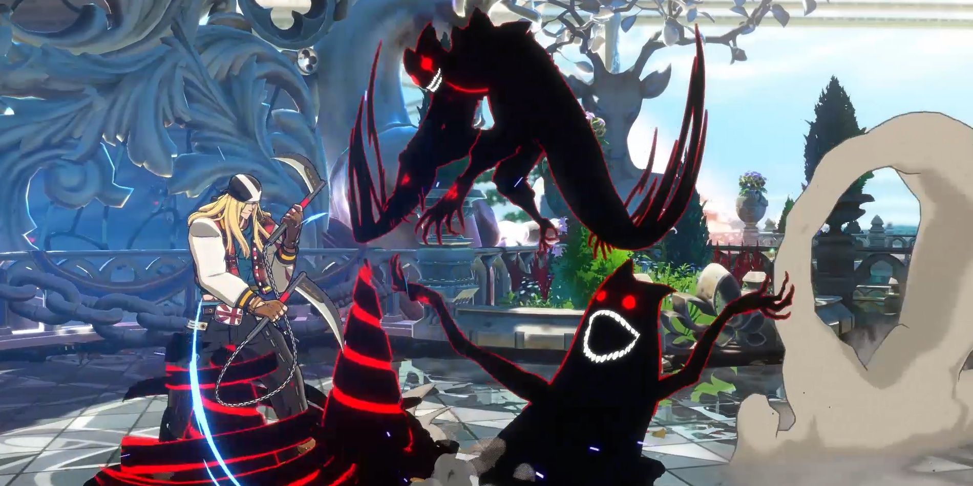 Zato-1 controlling his alter ego (and shadow) Eddie, forming him into monsters and spikes in Guilty Gear -Strive-