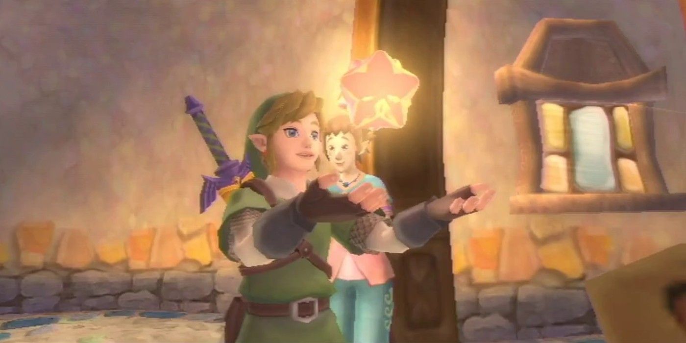 Zelda Skyward Sword holding Gratitude Crystals in village