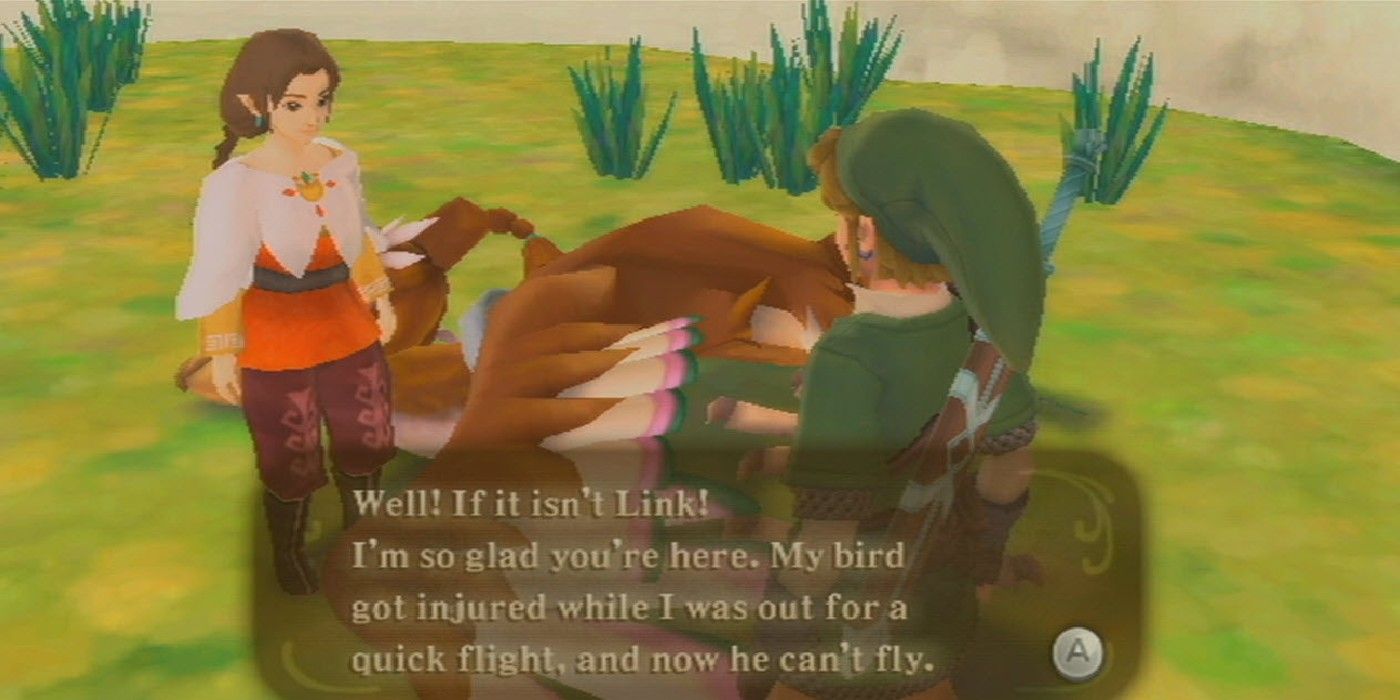 Skyward Sword Link talking to woman with injured bird