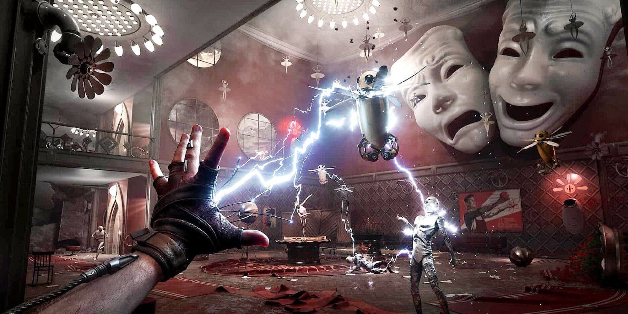 P-3 shooting a burst of electrical shock current into a robot in the air, which zaps other robots on the floor in a theater area in Atomic Heart.